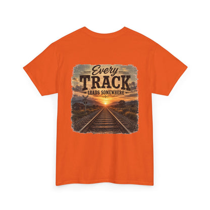 "Every Track Leads Somewhere" Sunset Railroad Graphic Tee