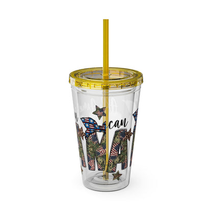 Patriotic Mama 16oz Tumbler with Straw — All American Floral Flag Design