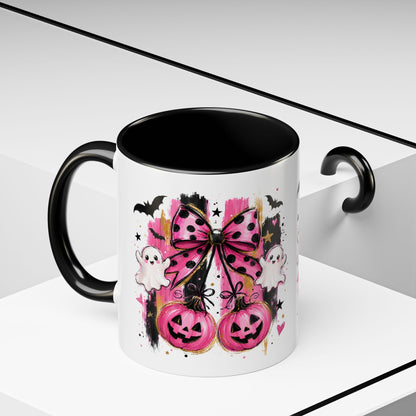 Halloween Pink Pumpkin Coffee Mug — Cute Ghosts & Bow Accent Mug (11/15oz)