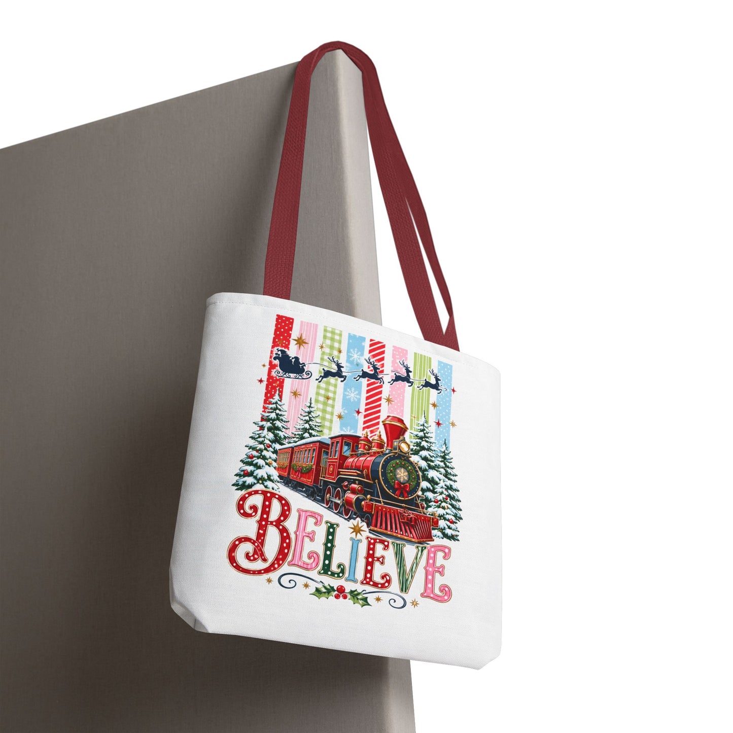 Believe Christmas Tote Bag — Vintage Holiday Train Gift Tote