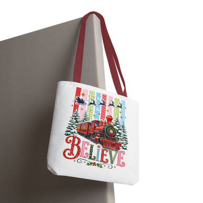Believe Christmas Tote Bag — Vintage Holiday Train Gift Tote