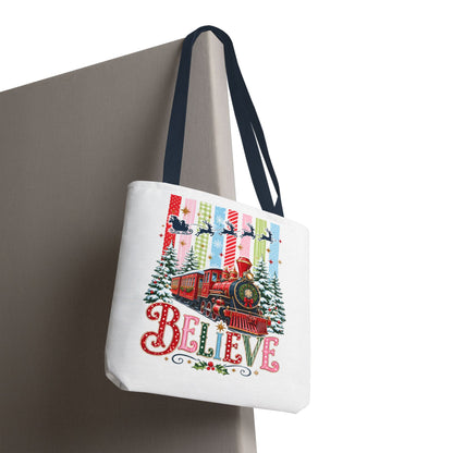 Believe Christmas Tote Bag — Vintage Holiday Train Gift Tote