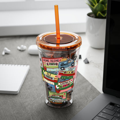 Holiday Movie Vans 16oz Tumbler with Straw – Christmas Classics Design (Home Alone, Elf, Grinch)