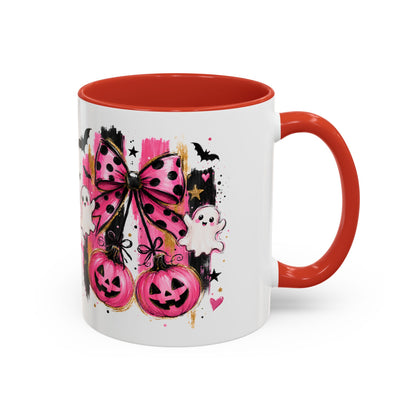 Halloween Pink Pumpkin Coffee Mug — Cute Ghosts & Bow Accent Mug (11/15oz)