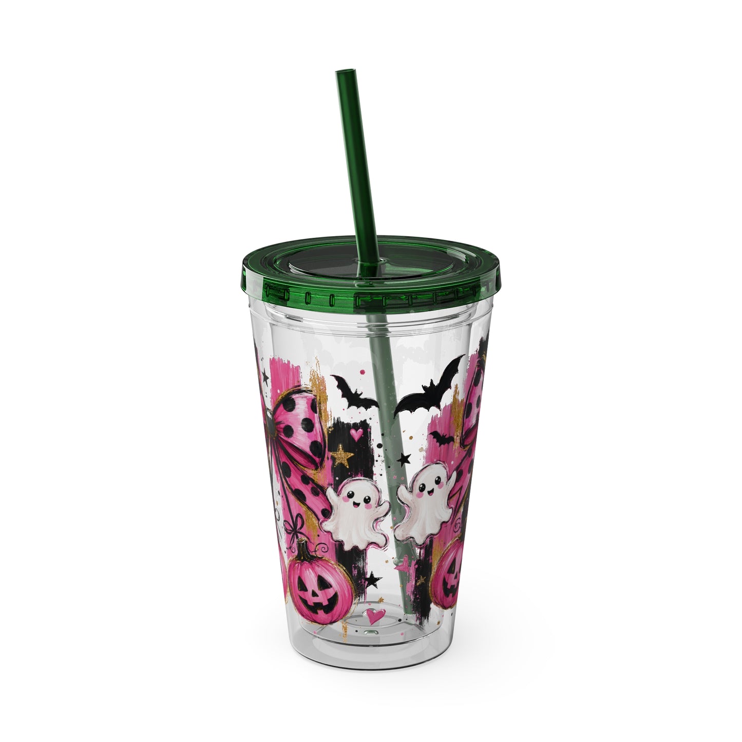 Halloween Pink Ghost Tumbler with Straw — 16oz Cute Pumpkin & Bow Drink Cup