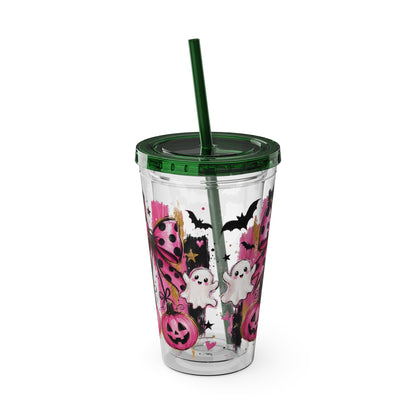 Halloween Pink Ghost Tumbler with Straw — 16oz Cute Pumpkin & Bow Drink Cup