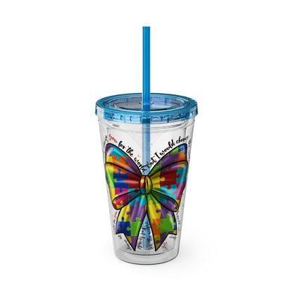 Autism Awareness Rainbow Puzzle Bow Tumbler with Straw, 16oz