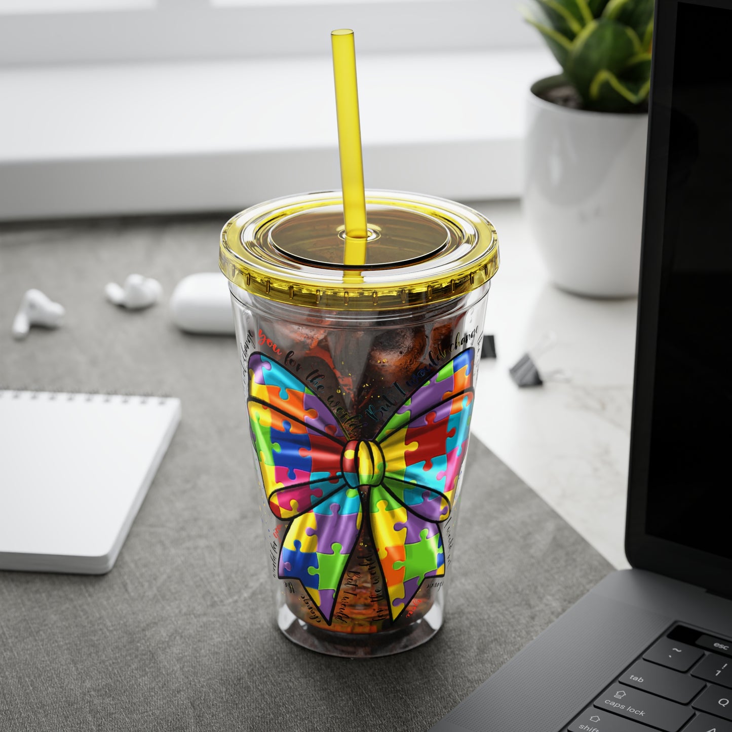 Autism Awareness Rainbow Puzzle Bow Tumbler with Straw, 16oz