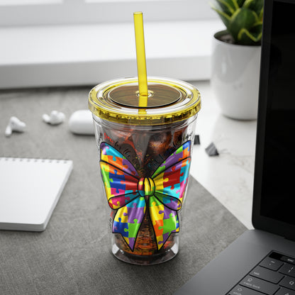Autism Awareness Rainbow Puzzle Bow Tumbler with Straw, 16oz