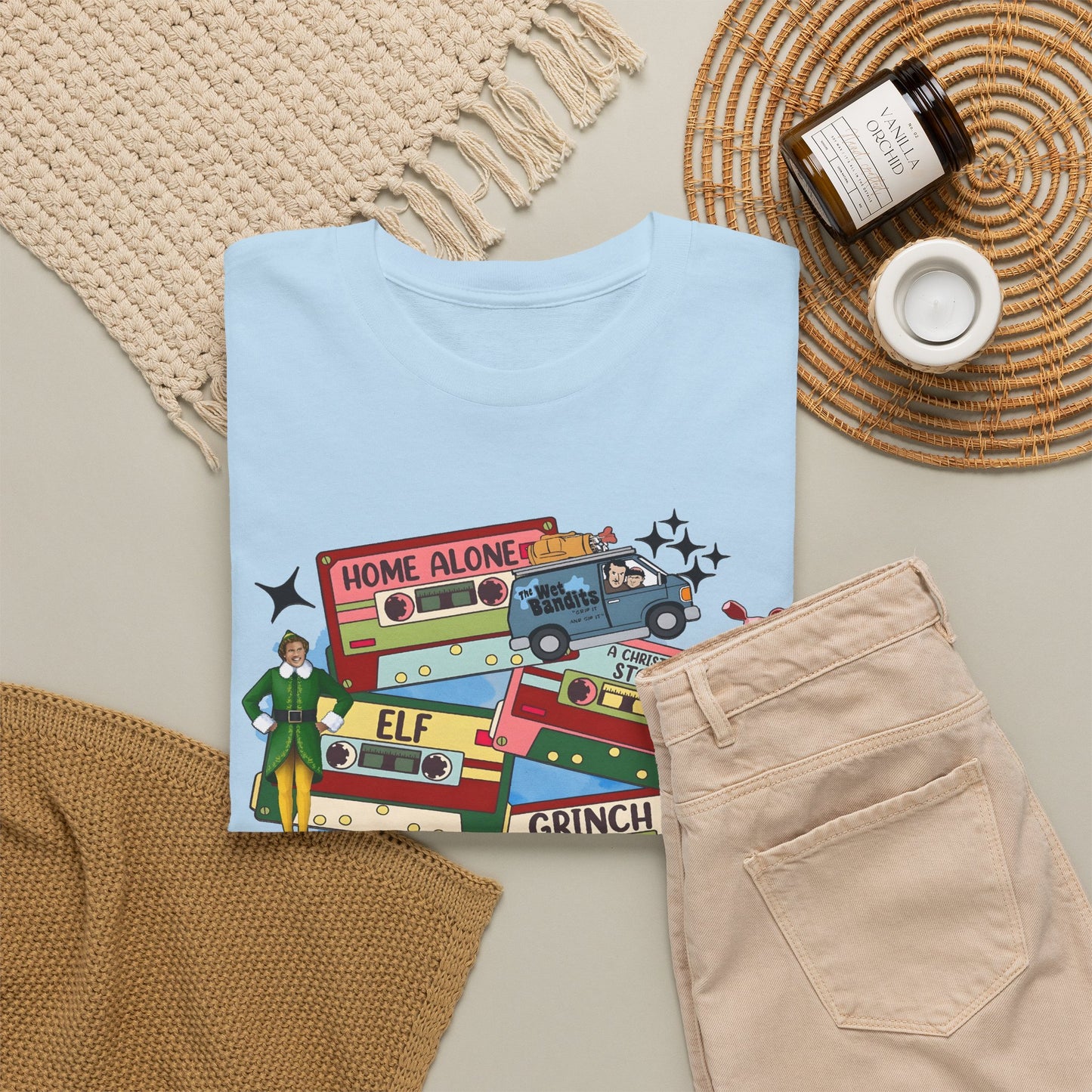 Retro Holiday Movie Stack T-Shirt — Elf, Grinch & Classic Christmas Cars Graphic Tee