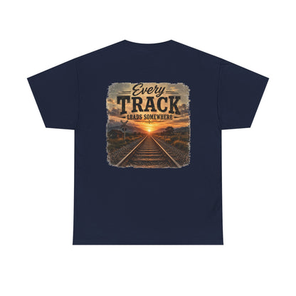 "Every Track Leads Somewhere" Sunset Railroad Graphic Tee