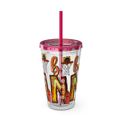 Basketball Mom 16oz Tumbler with Straw — Leopard & Plaid Sunsplash Design