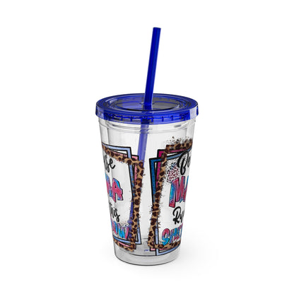 16oz Tumbler with Straw — "Because Mama Runs This…" Leopard Accent Travel Cup