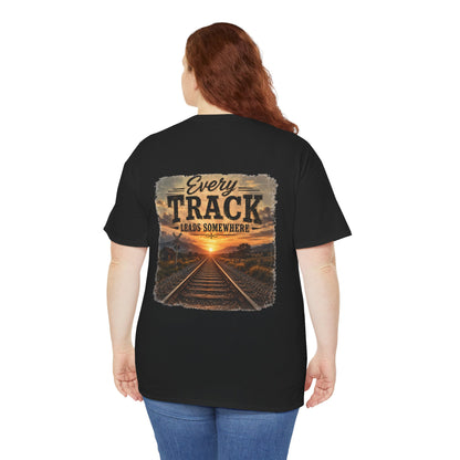 "Every Track Leads Somewhere" Sunset Railroad Graphic Tee