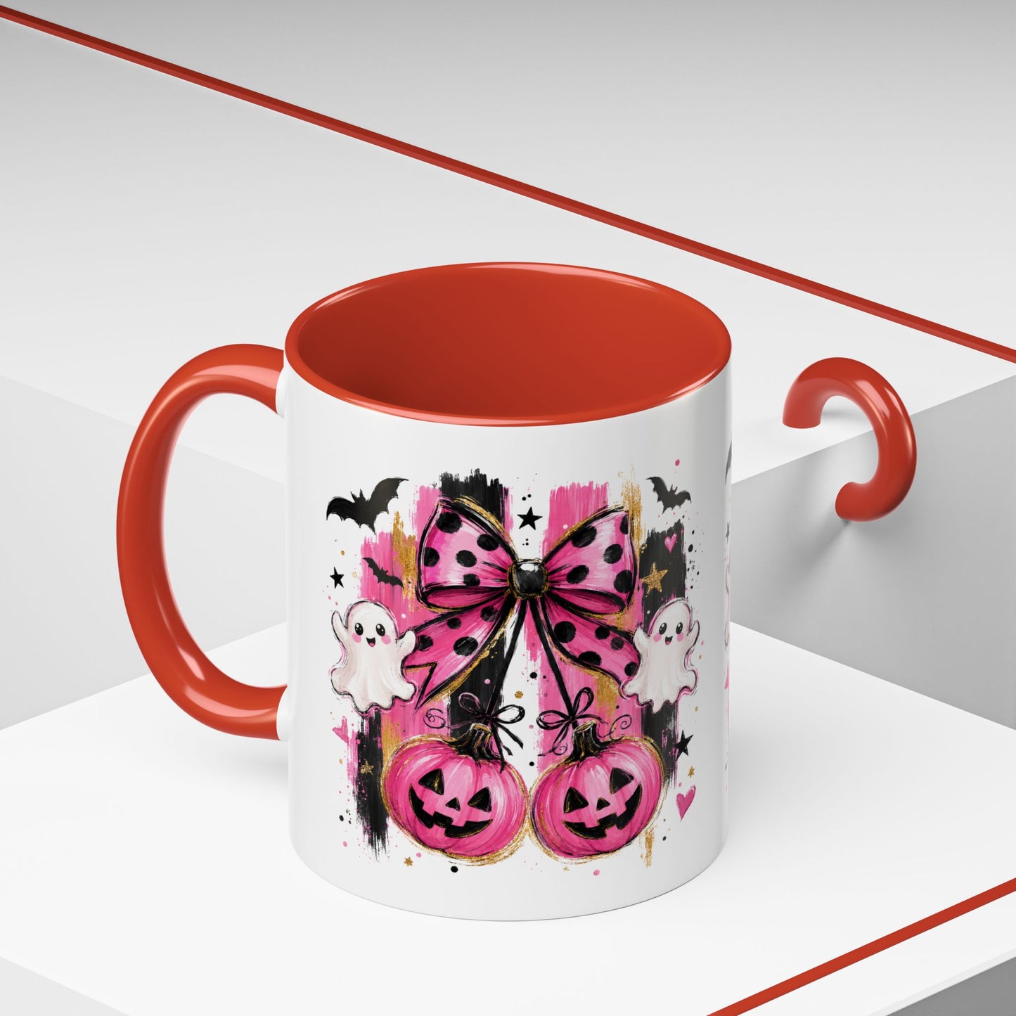 Halloween Pink Pumpkin Coffee Mug — Cute Ghosts & Bow Accent Mug (11/15oz)