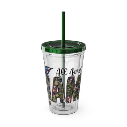 Patriotic Mama 16oz Tumbler with Straw — All American Floral Flag Design