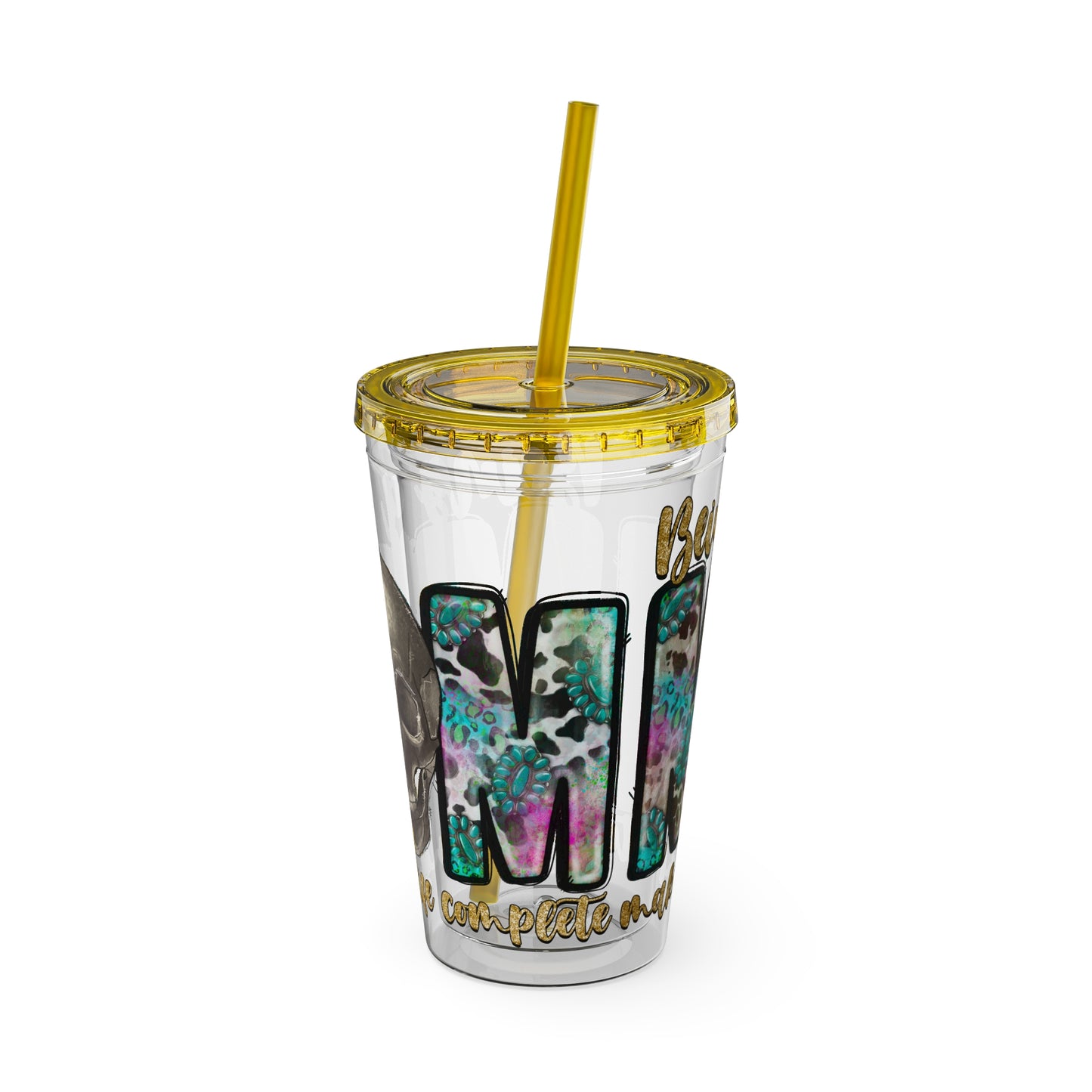 16oz Tumbler with Straw - "Being You" Floral Skull Cold Drink Cup Sunsplash Skull & Sunflower