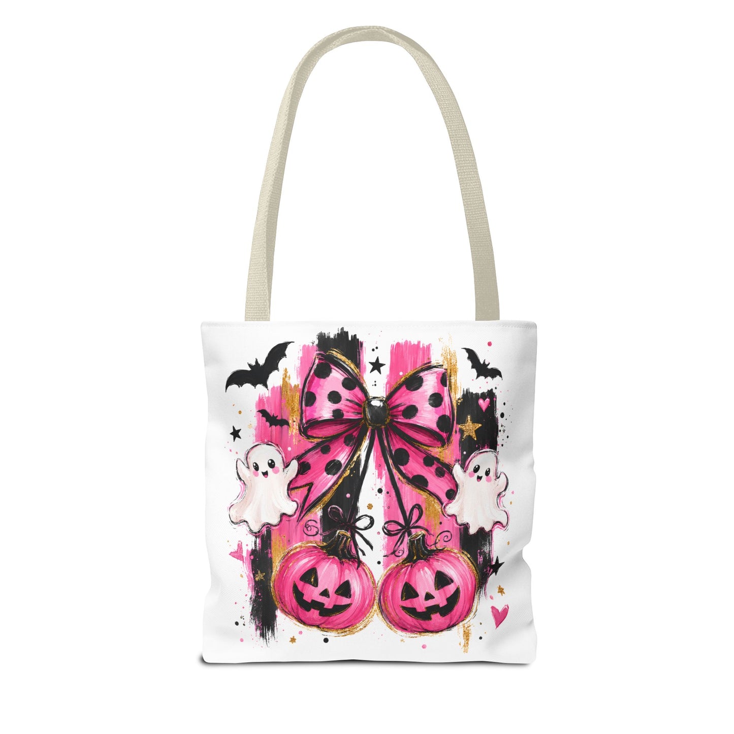 Halloween Pink Bow Tote Bag — Cute Ghosts & Jack-o'-Lanterns AOP