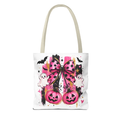 Halloween Pink Bow Tote Bag — Cute Ghosts & Jack-o'-Lanterns AOP