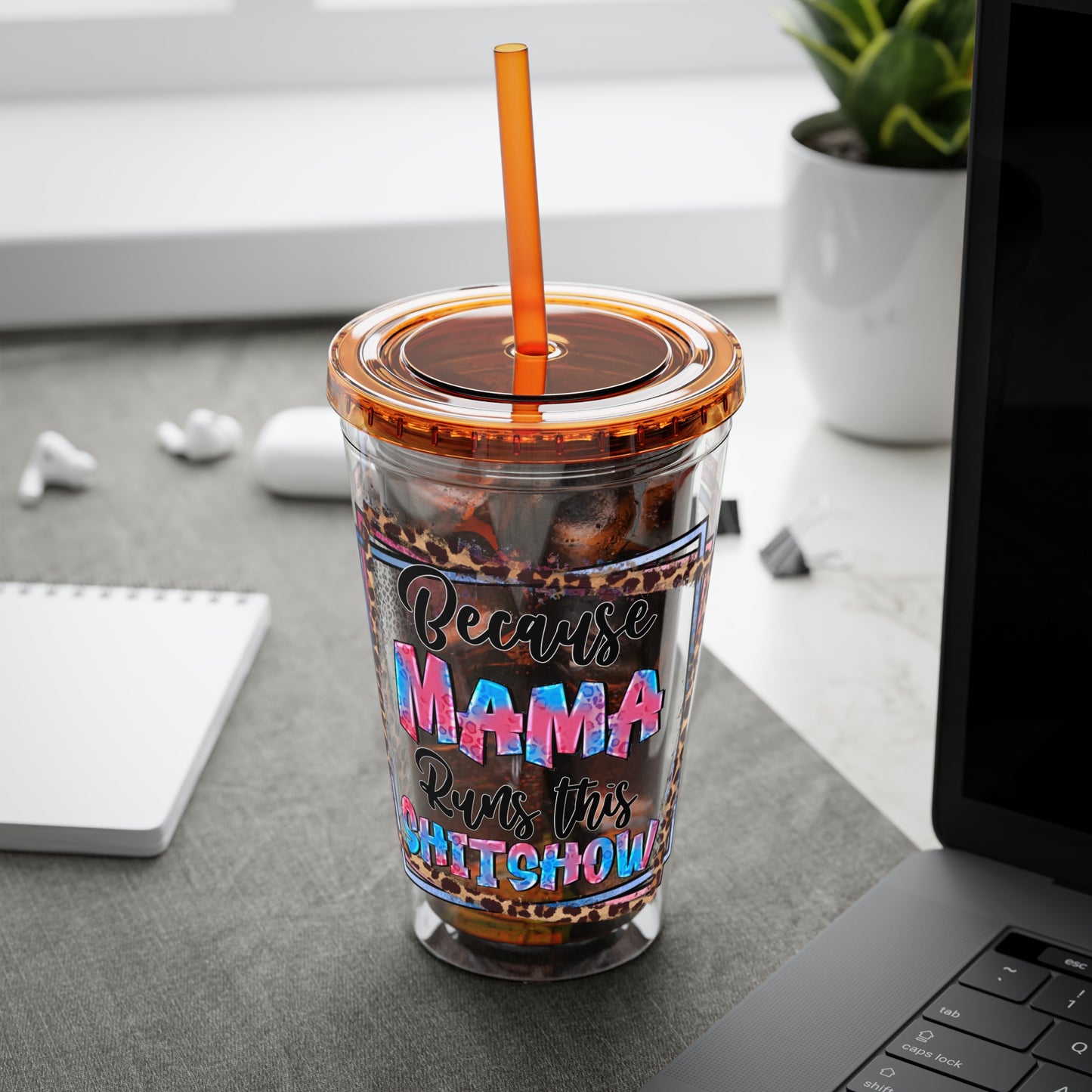 16oz Tumbler — "Because Mama Runs This Sh*tshow" Leopard Print Straw Cup
