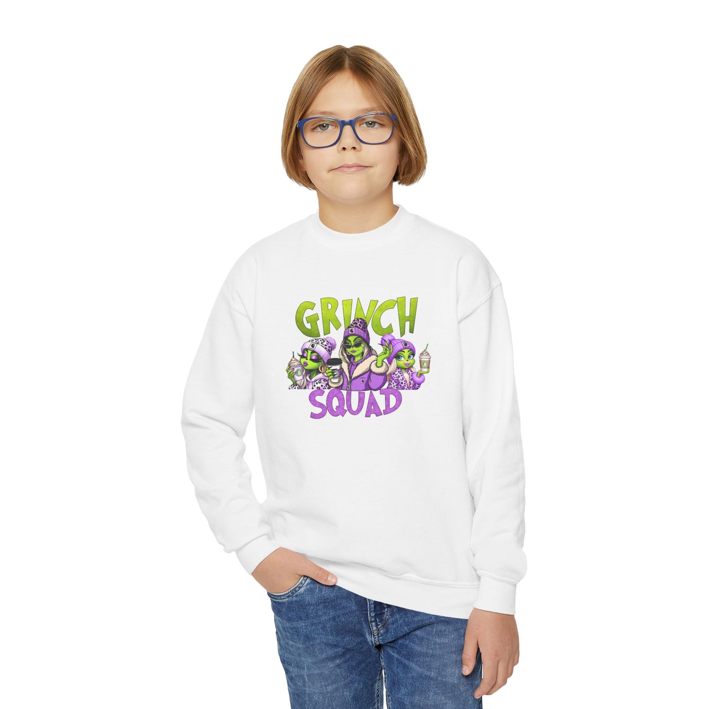 Grinch Squad Youth Crewneck Sweatshirt — Kids Funny Holiday Pullover