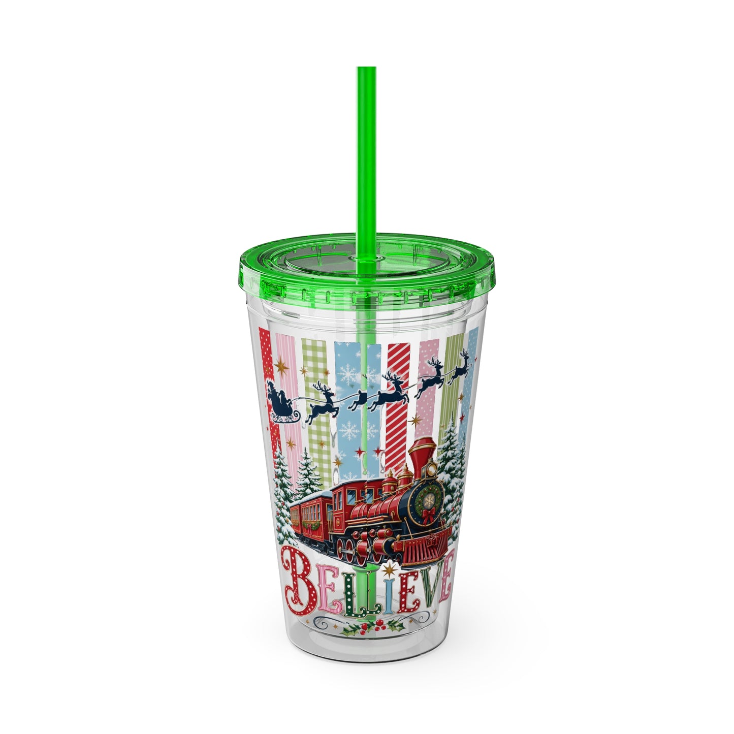 Believe Holiday Tumbler — Christmas Train 16oz Straw Cup