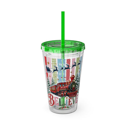 Believe Holiday Tumbler — Christmas Train 16oz Straw Cup