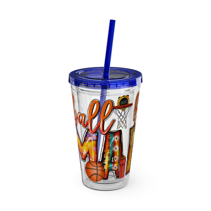 Basketball Mom 16oz Tumbler with Straw — Leopard & Plaid Sunsplash Design