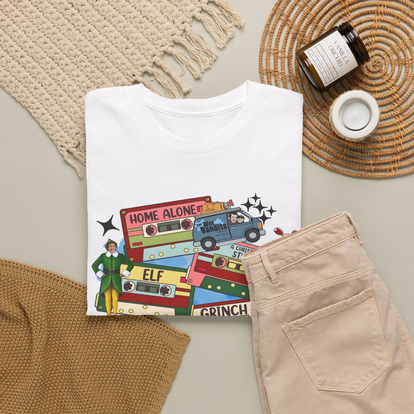 Retro Holiday Movie Stack T-Shirt — Elf, Grinch & Classic Christmas Cars Graphic Tee
