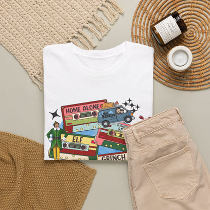 Retro Holiday Movie Stack T-Shirt — Elf, Grinch & Classic Christmas Cars Graphic Tee