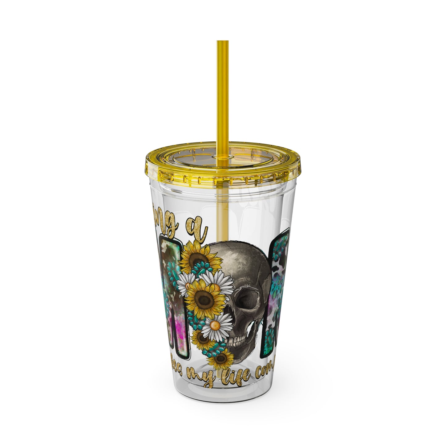 16oz Tumbler with Straw - "Being You" Floral Skull Cold Drink Cup Sunsplash Skull & Sunflower