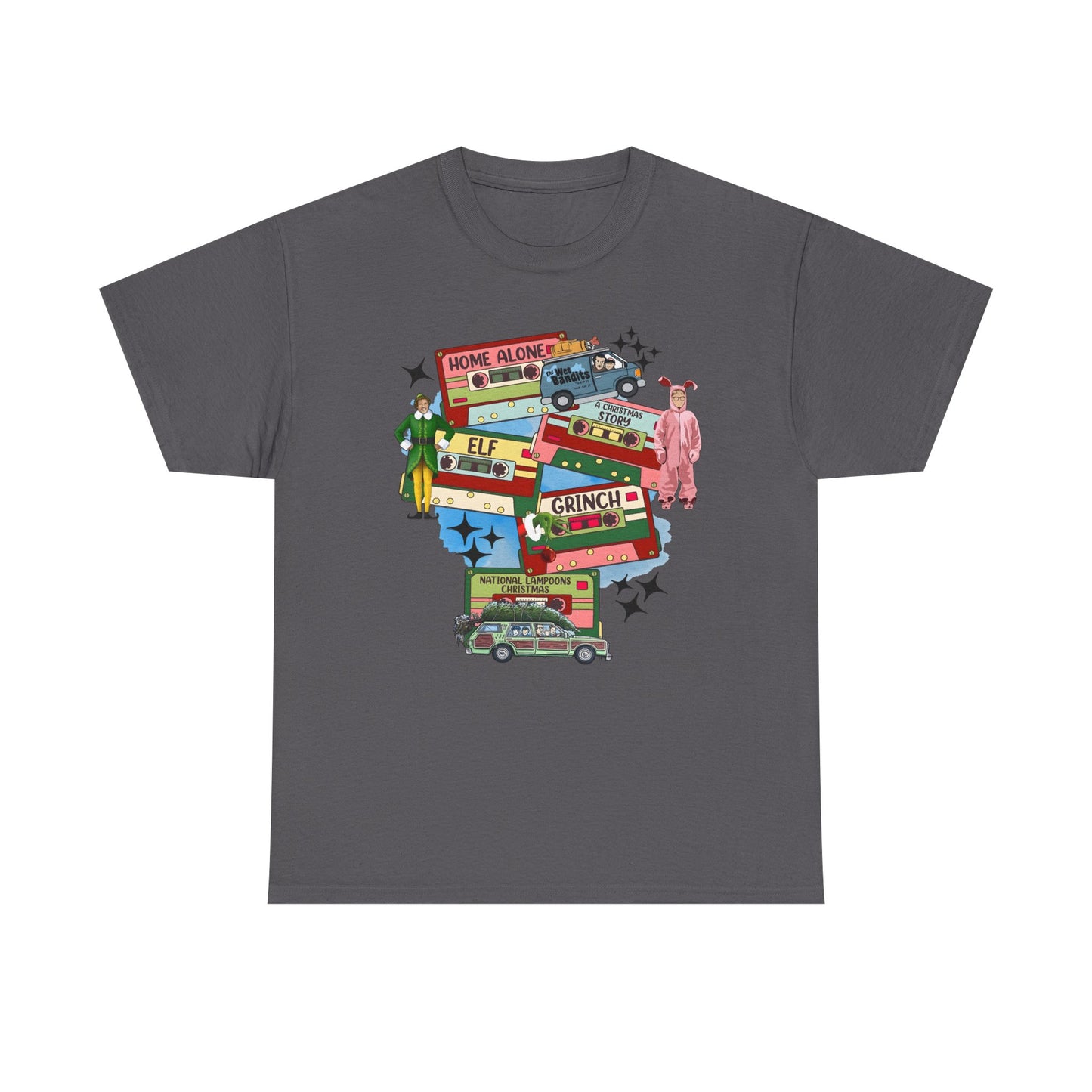 Retro Holiday Movie Stack T-Shirt — Elf, Grinch & Classic Christmas Cars Graphic Tee
