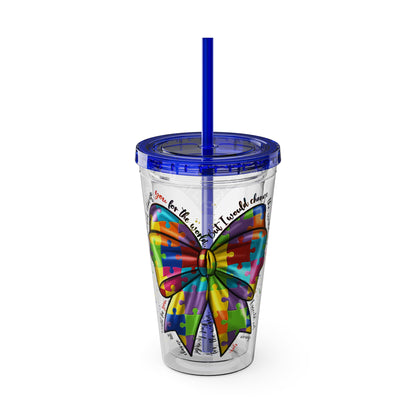 Autism Awareness Rainbow Puzzle Bow Tumbler with Straw, 16oz