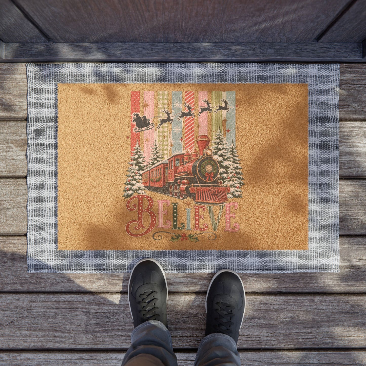 Believe Christmas Doormat – Vintage Train Holiday Welcome Mat