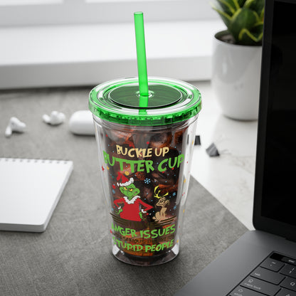 16oz Tumbler with Straw — 'Buckle Up Buttercup' Grinch Holiday Travel Cup