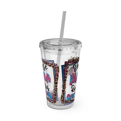 16oz Tumbler with Straw — "Because Mama Runs This…" Leopard Accent Travel Cup