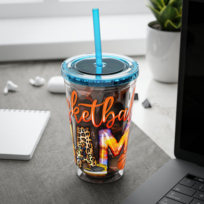 Basketball Mom 16oz Tumbler with Straw — Leopard & Plaid Sunsplash Design