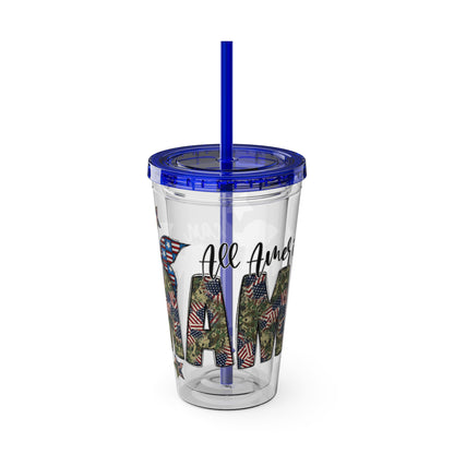 Patriotic Mama 16oz Tumbler with Straw — All American Floral Flag Design