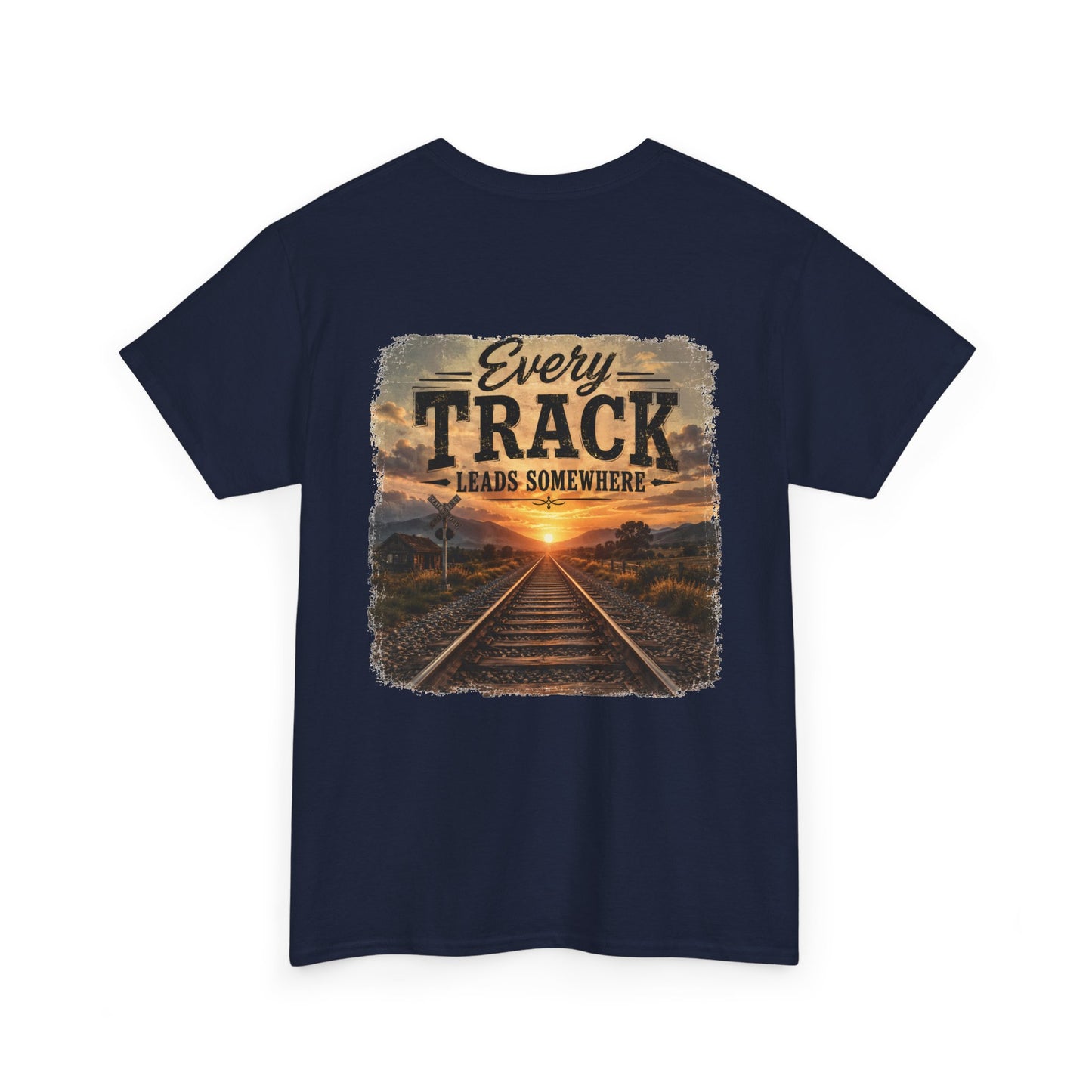 "Every Track Leads Somewhere" Sunset Railroad Graphic Tee