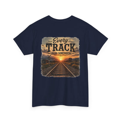 "Every Track Leads Somewhere" Sunset Railroad Graphic Tee