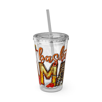 Basketball Mom 16oz Tumbler with Straw — Leopard & Plaid Sunsplash Design