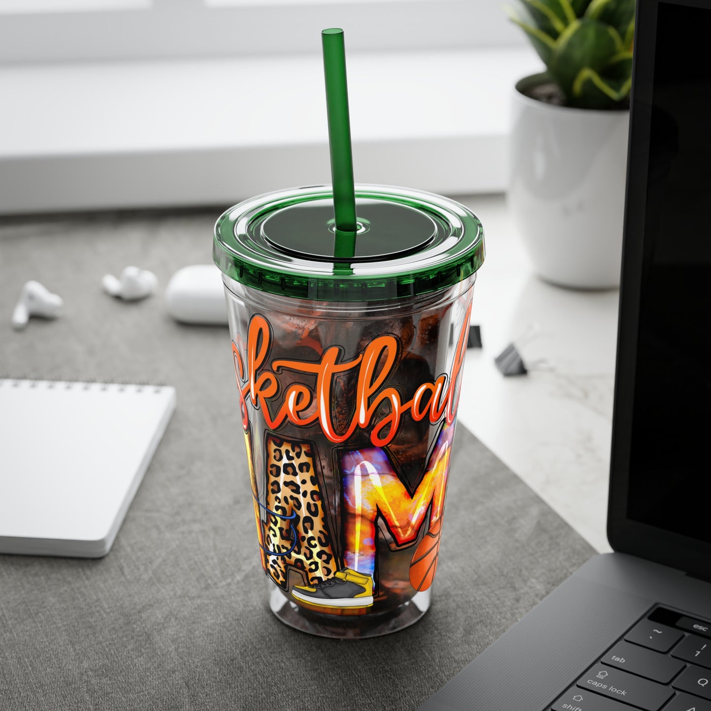 Basketball Mom 16oz Tumbler with Straw — Leopard & Plaid Sunsplash Design