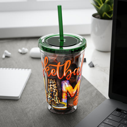 Basketball Mom 16oz Tumbler with Straw — Leopard & Plaid Sunsplash Design