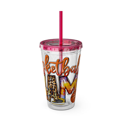 Basketball Mom 16oz Tumbler with Straw — Leopard & Plaid Sunsplash Design