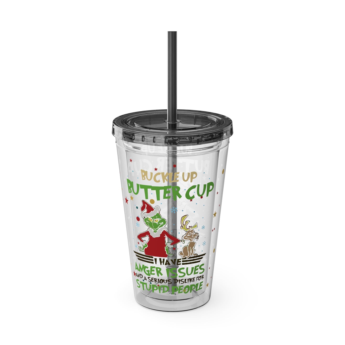 16oz Tumbler with Straw — 'Buckle Up Buttercup' Grinch Holiday Travel Cup
