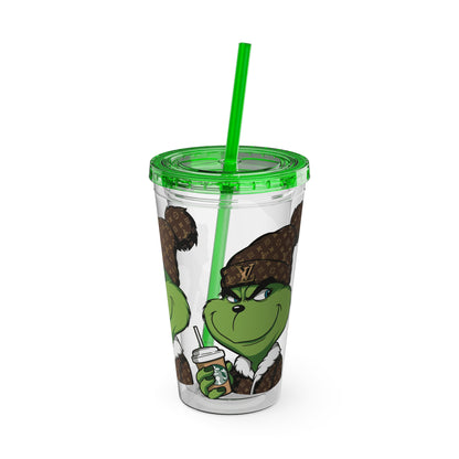 16oz Tumbler — Grinch in Designer Beanie Clear Straw Cup