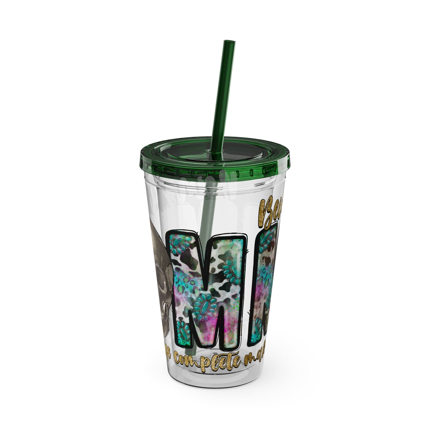 16oz Tumbler with Straw - "Being You" Floral Skull Cold Drink Cup Sunsplash Skull & Sunflower
