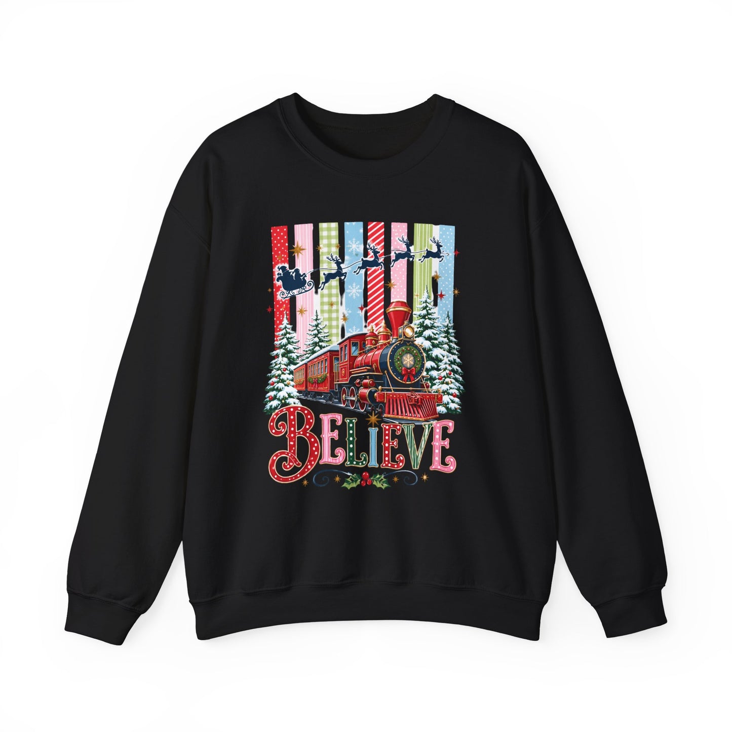 Believe Christmas Crewneck Sweatshirt — Vintage Holiday Train & Santa Silhouette