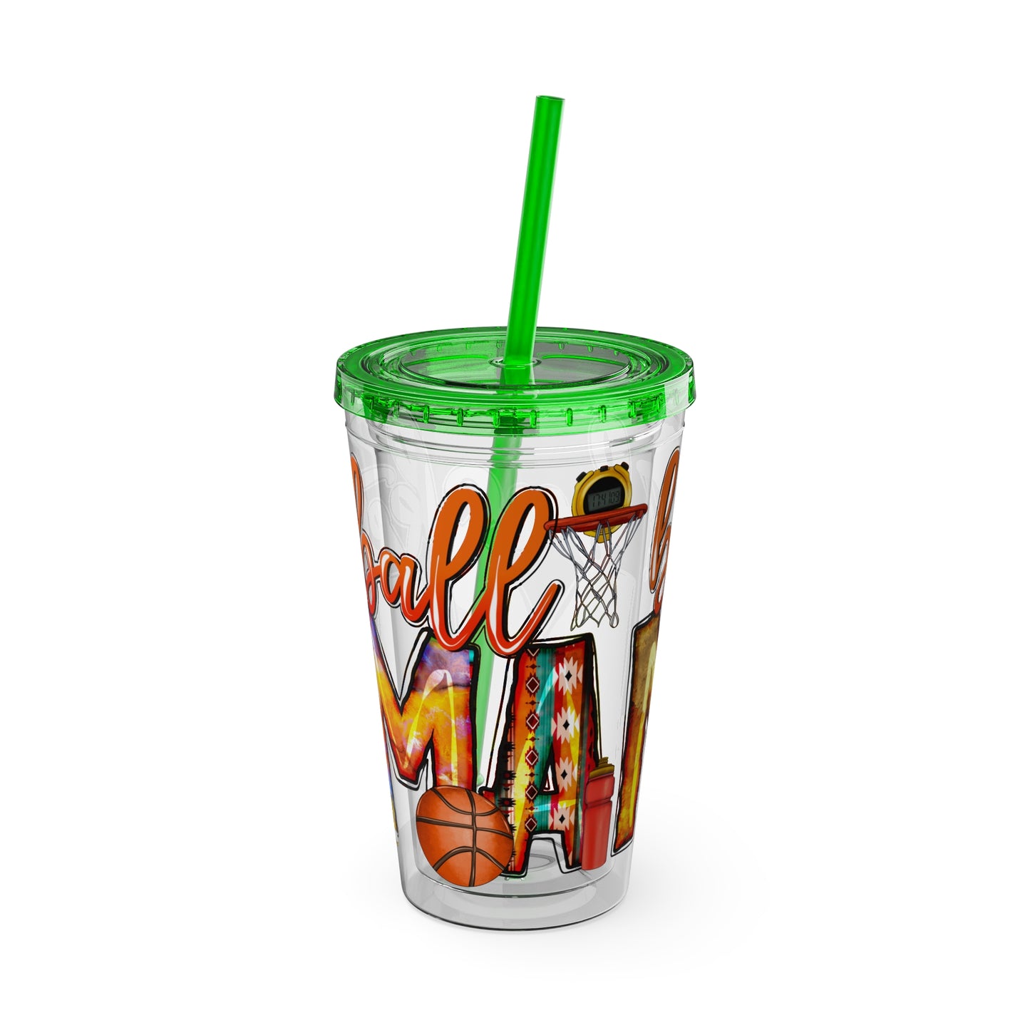 Basketball Mom 16oz Tumbler with Straw — Leopard & Plaid Sunsplash Design