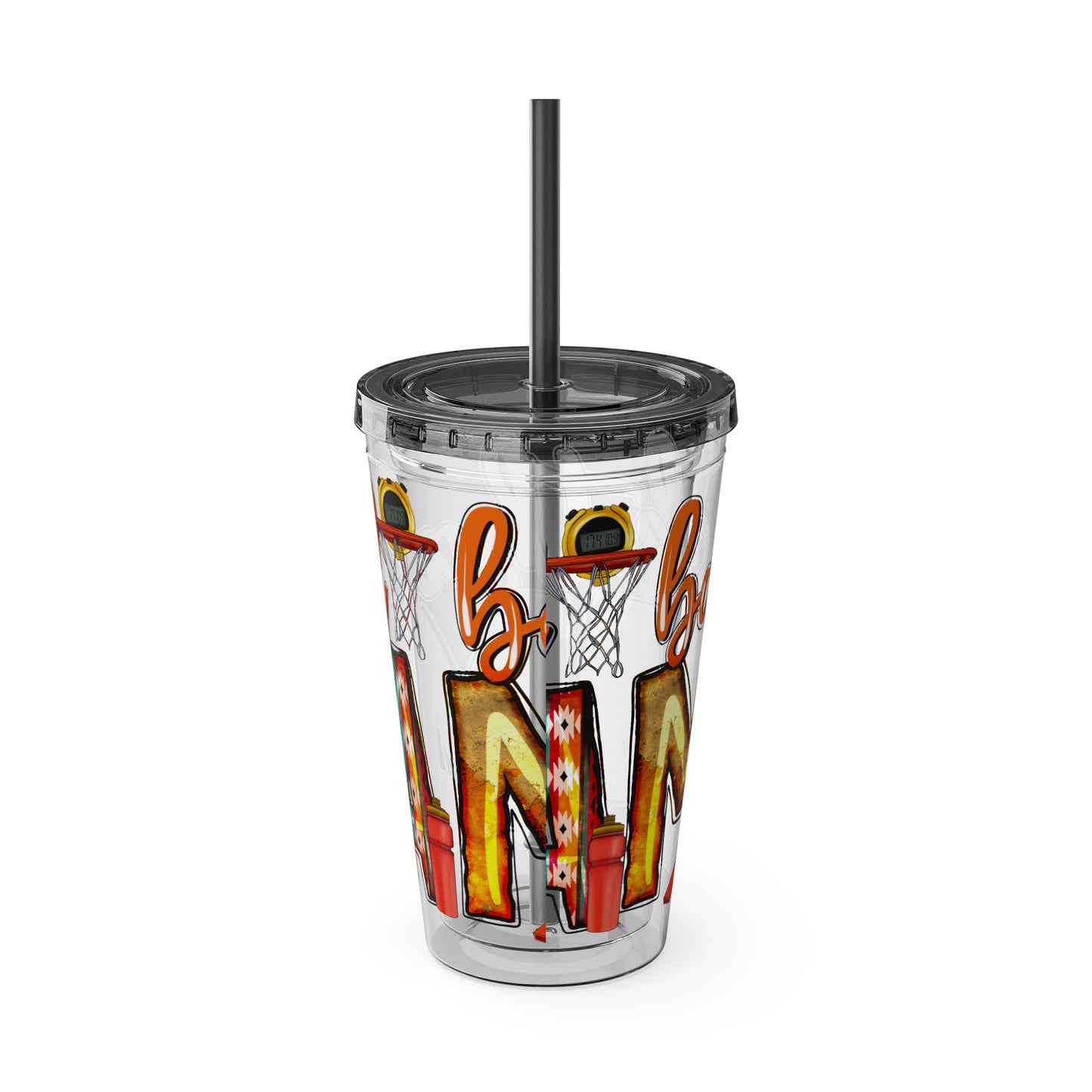 Basketball Mom 16oz Tumbler with Straw — Leopard & Plaid Sunsplash Design